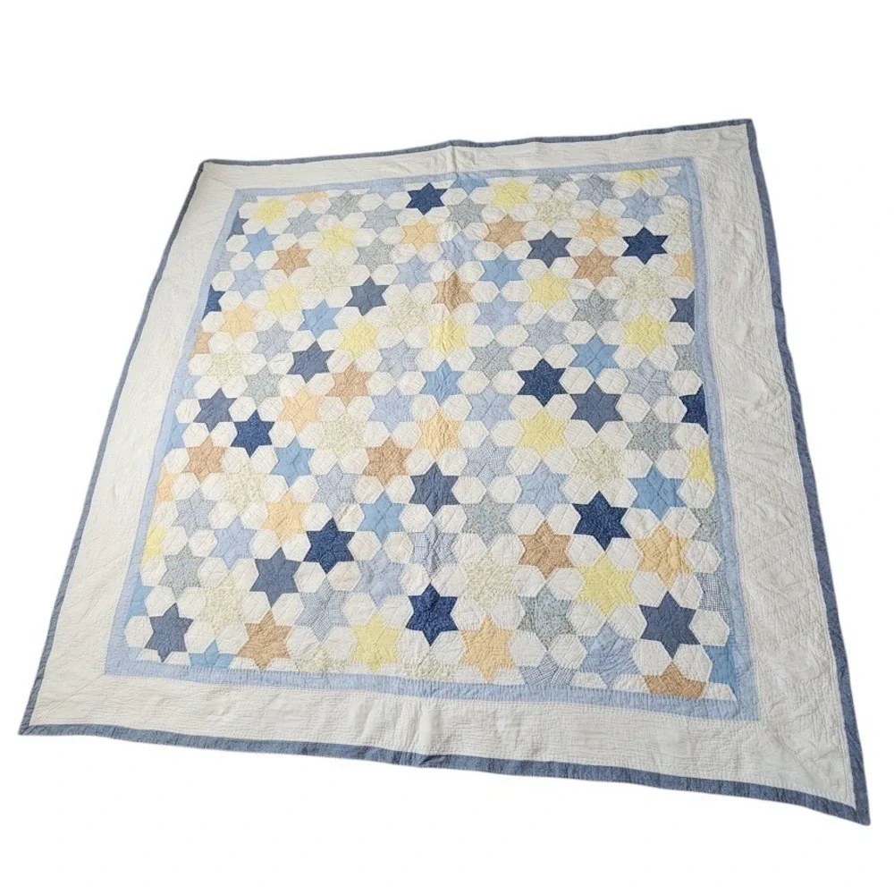 70s‎ heirloom Star patch Quilt 86x81 Handmade Cottagecore Farmhouse Blue Cream